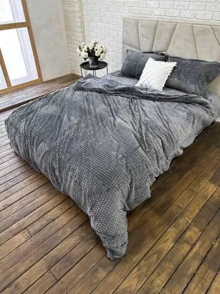 image of grey velevet bed linens